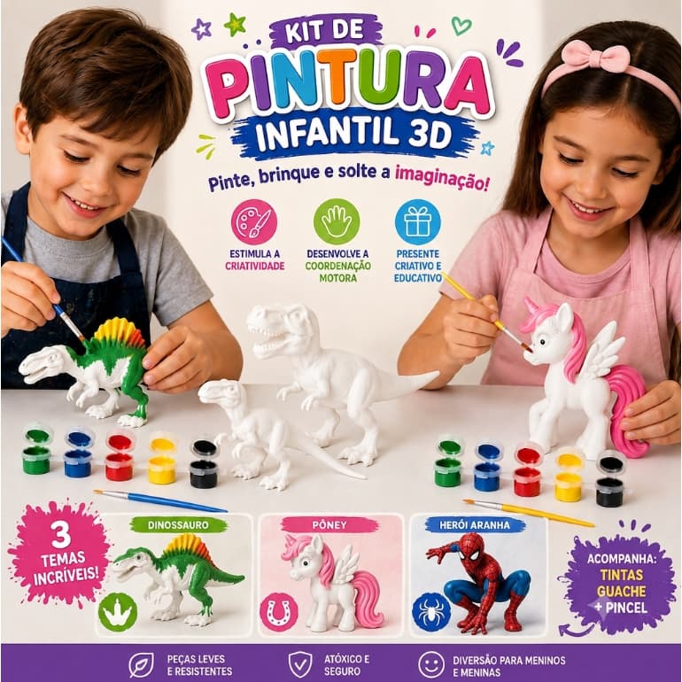 Kit de Pintura Infantil 3D Brinquedo Educativo Para Pintar e Colorir com Tintas Guache e Pincel