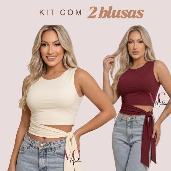 Kit 2 blusas Feminina Amarração Laço Lateral Cropped Suplex Moda Blogueira Lançamento Estilosa Moderna