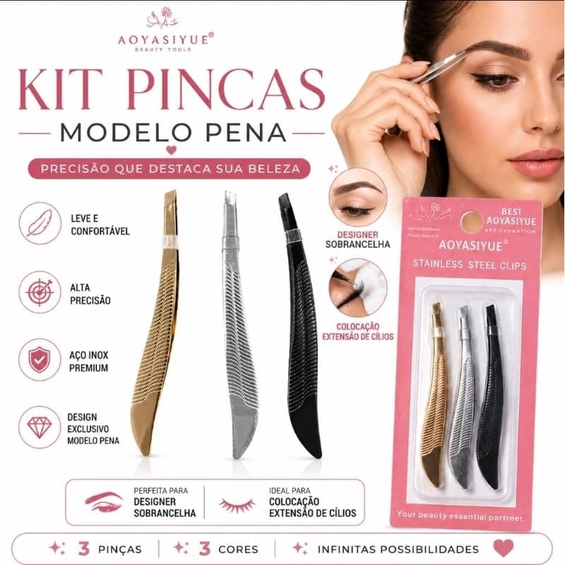 Kit c/3 Pinça de Sobrancelhas Ponta Chanfrada Profissional Designer modelo Pena