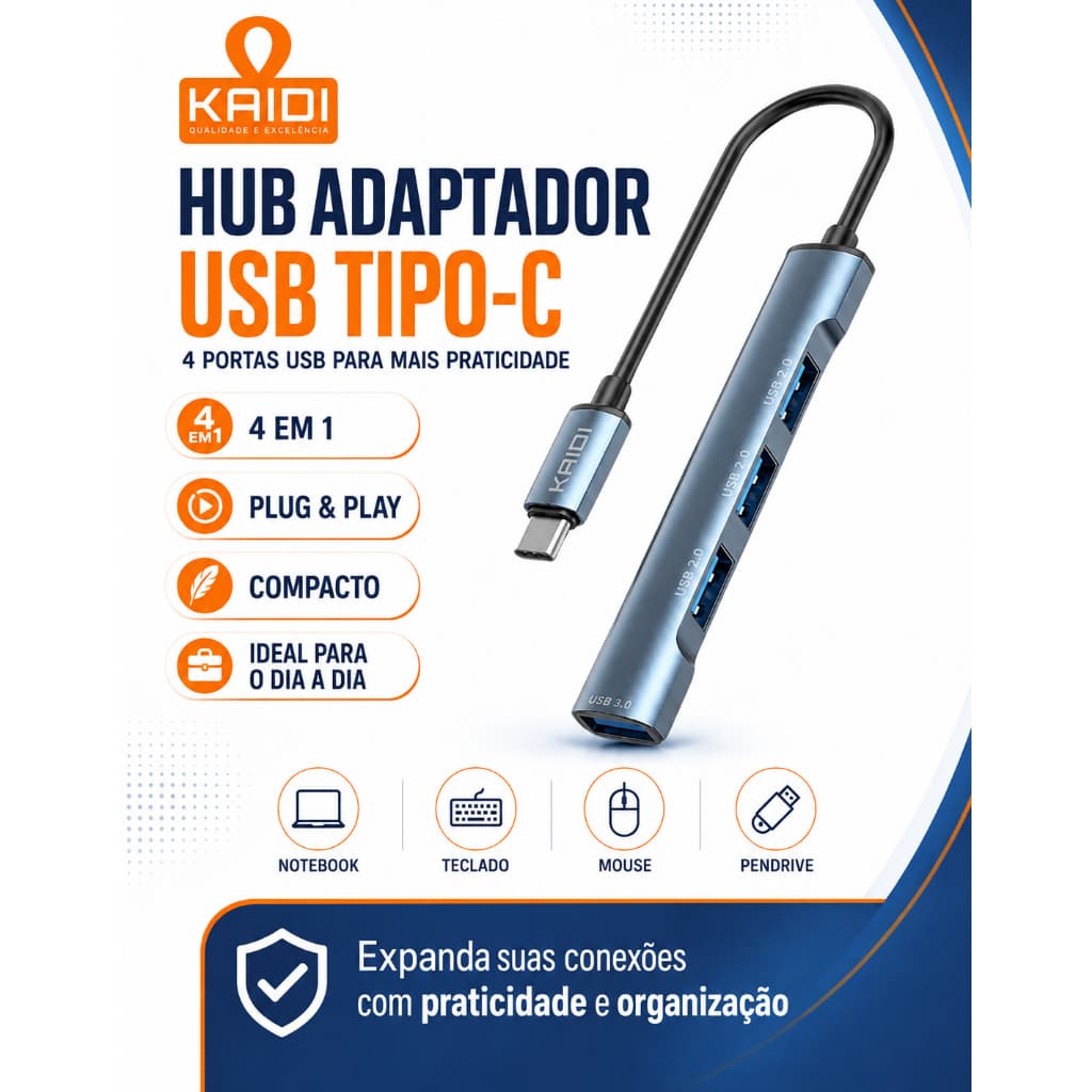 Hub Adaptador Usb Tipo C Para 4 saídas USB 3.0 USB 2.0 Kaidi Switch Adaptador Extensor Régua