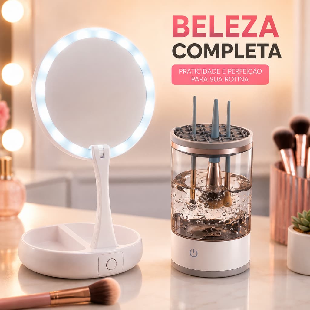 Espelho Camarim LED para Maquiagem + Lavador de Pincéis Automático Kit 2 em 1