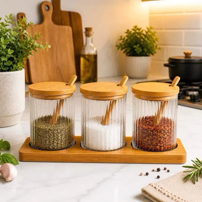 Kit Porta Temperos 3 Potes de Vidro com Tampa de Bambu Colher e Suporte 300ml