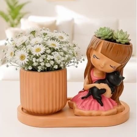 Vaso Cachepô Menina com Gato Decorativo para Suculentas| Decoração Artesanal