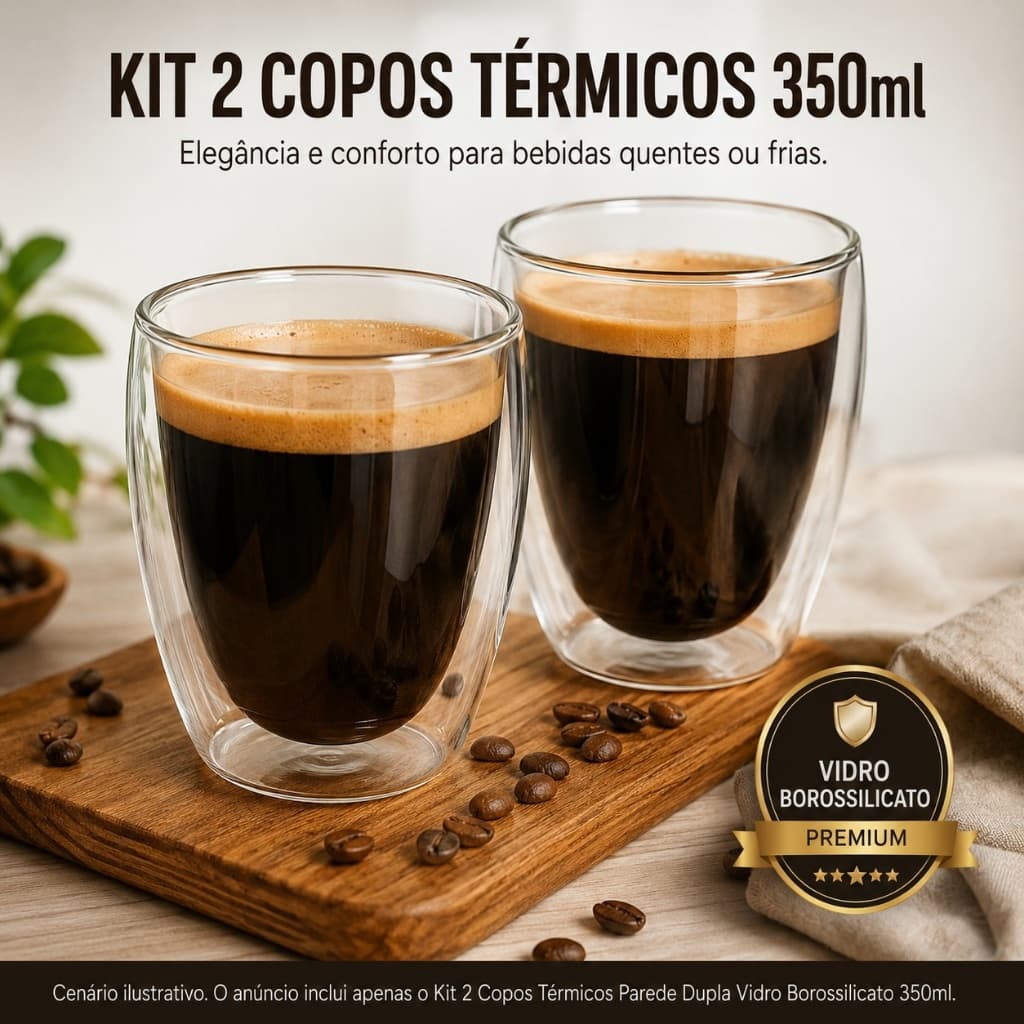 Kit 2 Copos Térmicos Parede Dupla Vidro Borossilicato 350ml para Café Chá Cappuccino Drinks