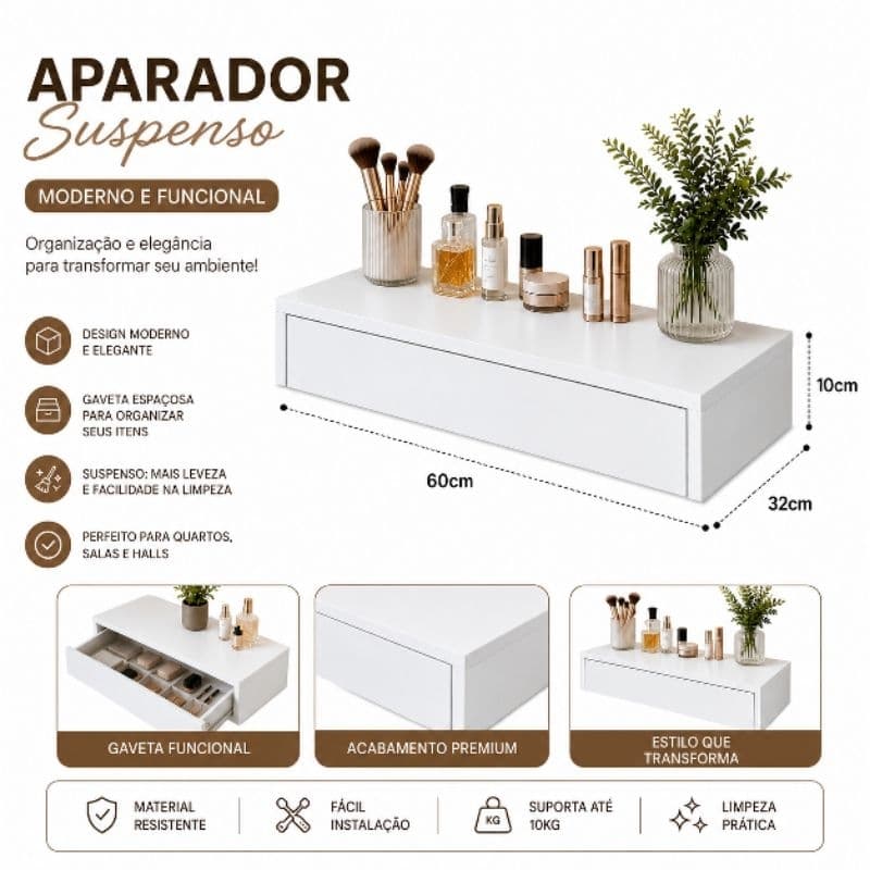 Aparador Suspenso 60x32x10 cm – Moderno, Prático e Pronto para Instalar
