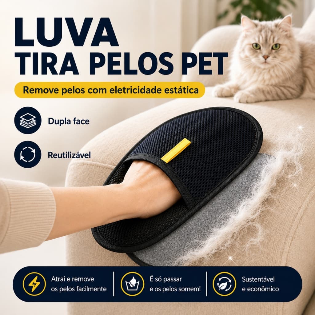 Luva Tira Pelos Pet Eletrostática Dupla Face Reutilizável para Cães e Gatos, Remove Pelos de Sofá, Roupas e Estofados