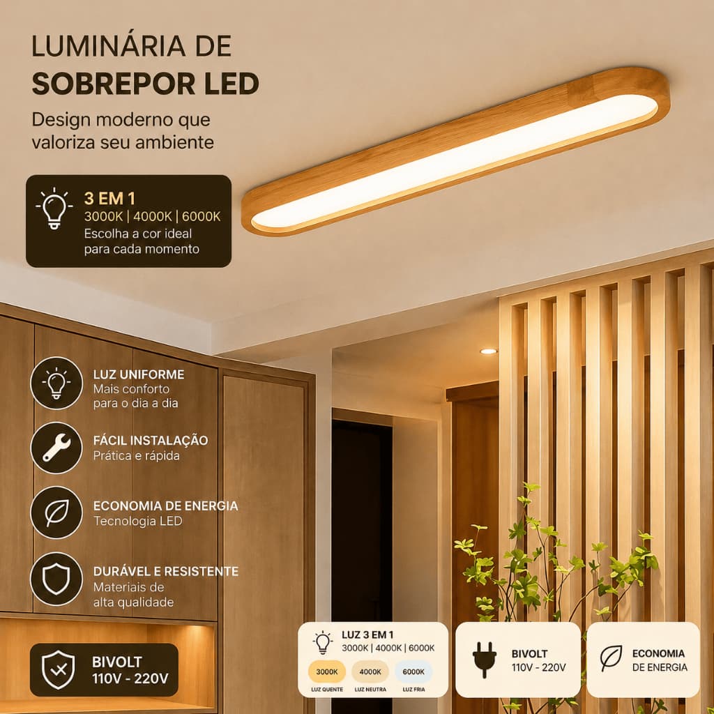 Plafon LED Madeira 95cm 35W Luz 3 em 1 Bivolt Luminária de Teto Moderna