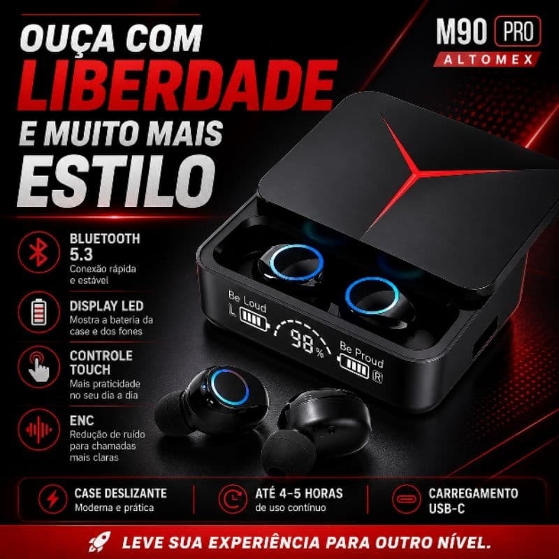 Fone Bluetooth M90 Pro Altomex Sem Fio Bluetooth 5.3 TWS Display LED Case Deslizante Redução de Ruído