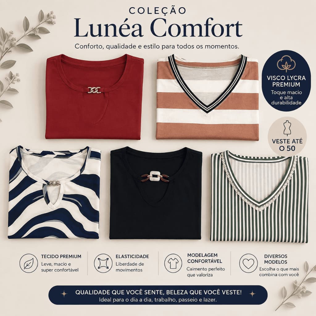 Camiseta Feminina Visco Lycra Premium Gola Diferenciada Veste 38 ao 50 Lunéa Comfort