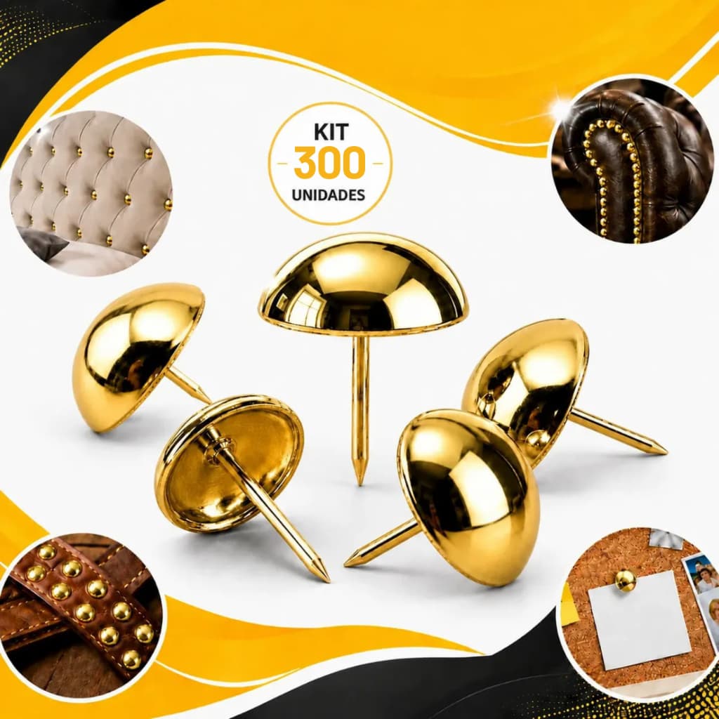 Kit 300 Tachinhas Percevejo Latonado Dourado 11x10mm Quadro Cortiça Papel Artesanato Couro Estofados Alta Fixação