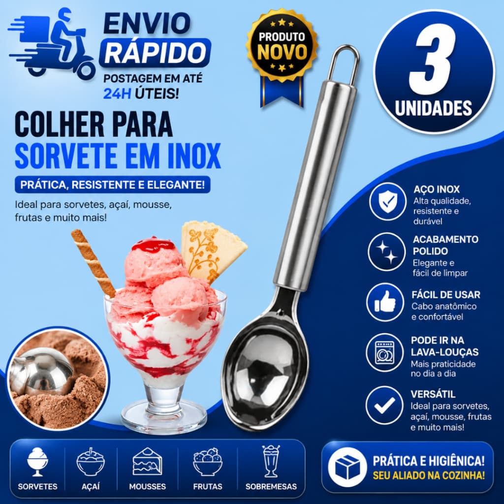 Conjunto 3 e 1 Colher Para Sorvete e Açaí Concha de Sorvete Aço Inox Sorveterias