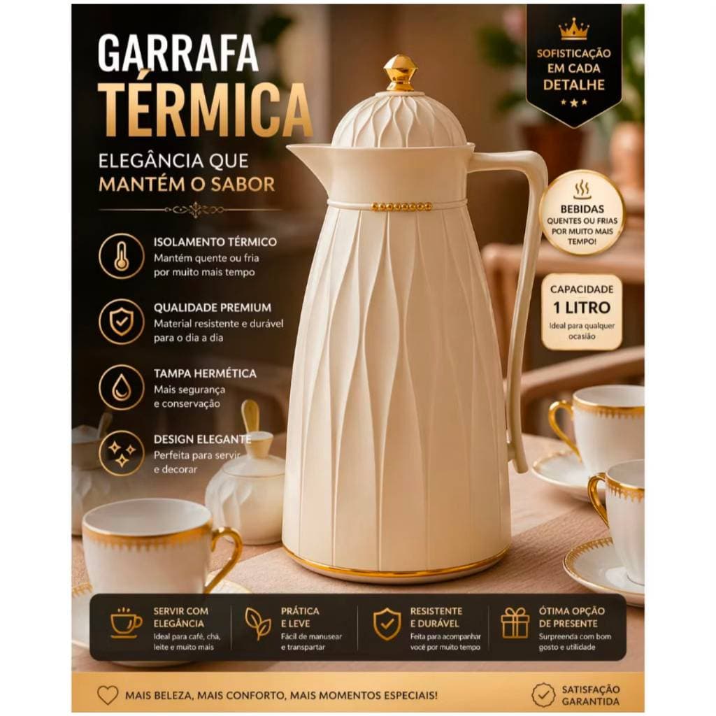 Garrafa Térmica Luxo de Café - Preta, Branca e Dourada 1L Mesa posta Jantar café Garrafa luxo