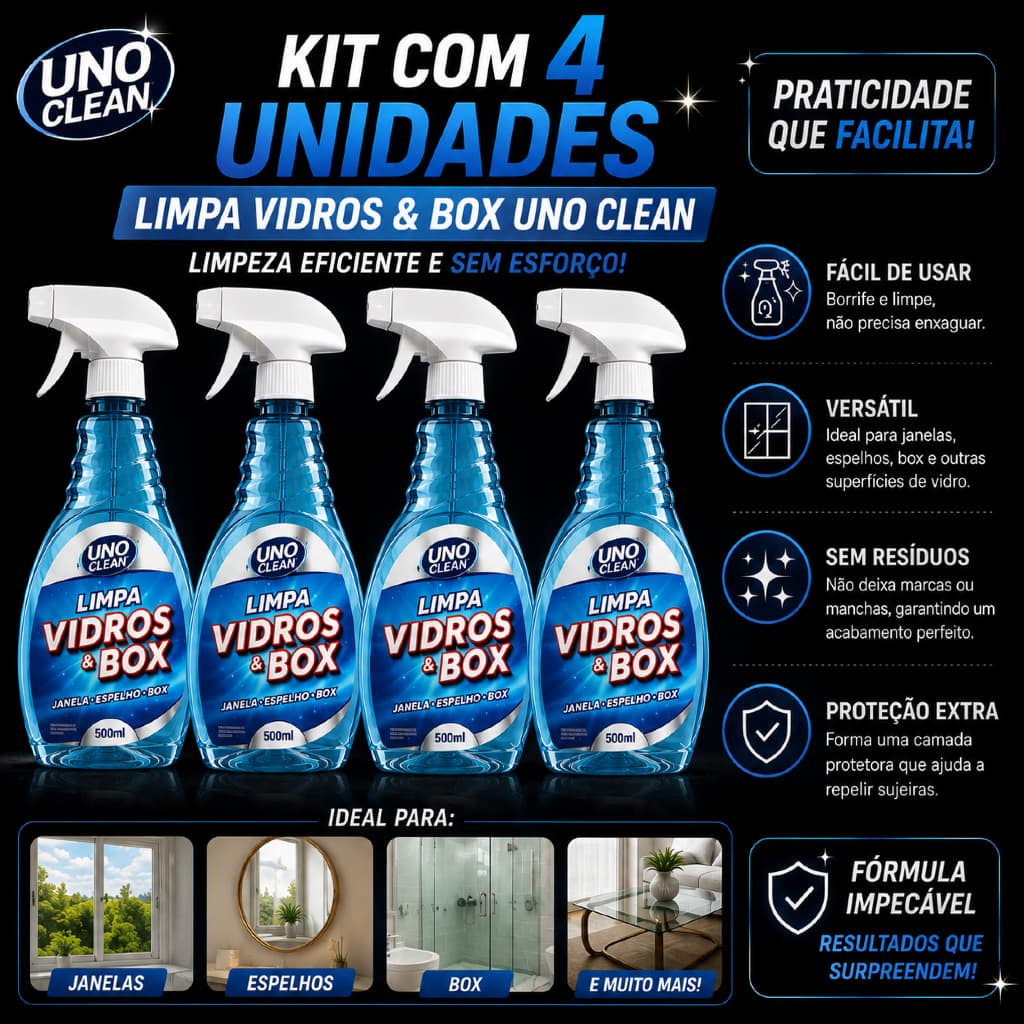 Kit 4 Limpa Vidros e Box Profissional ProVita Spray 500ml - Brilho Sem Manchas Ação Desengordurante
