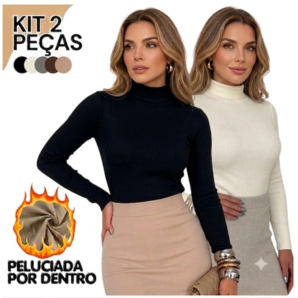 Kit 2 Blusas Peluciada Térmica Flanelada Feminina Gola Alta Manga Longa P ao GG