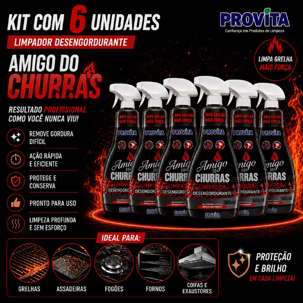 Kit Com 6 Limpa Grelha Churras Desengordurante Churrasqueira Spray Limpeza Fogão Grill Forno Coifa Air Fryer