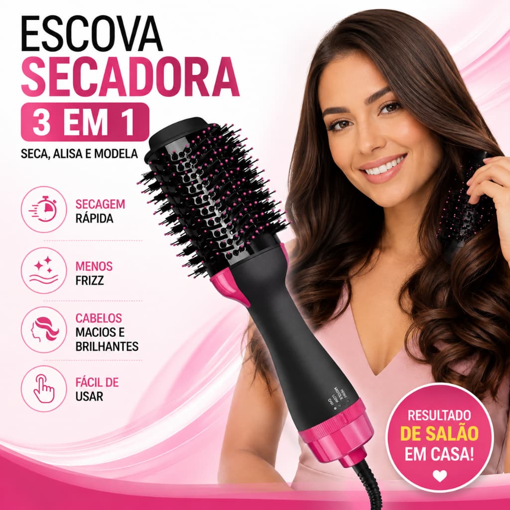 Escova Secadora 3 em 1 Elétrica Escova de Ar Quente Secar Alisar e Modelar Cabelos Anti Frizz