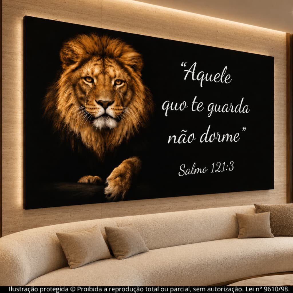Quadro Decorativo Placa Leão de Judá Com Versículo Bíblico Salmos 121:3 Religioso Arte Moderna