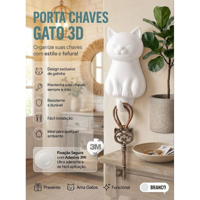gancho porta chaves de parede Gato decorativo  kit com 3 com fita 3M- acessórios cut fofo