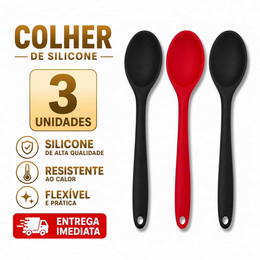 Kit 3 Colheres Silicone Utensílio De Cozinha Arroz Vermelho Preto Casa Restaurante Antiaderente Alta Temperatura
