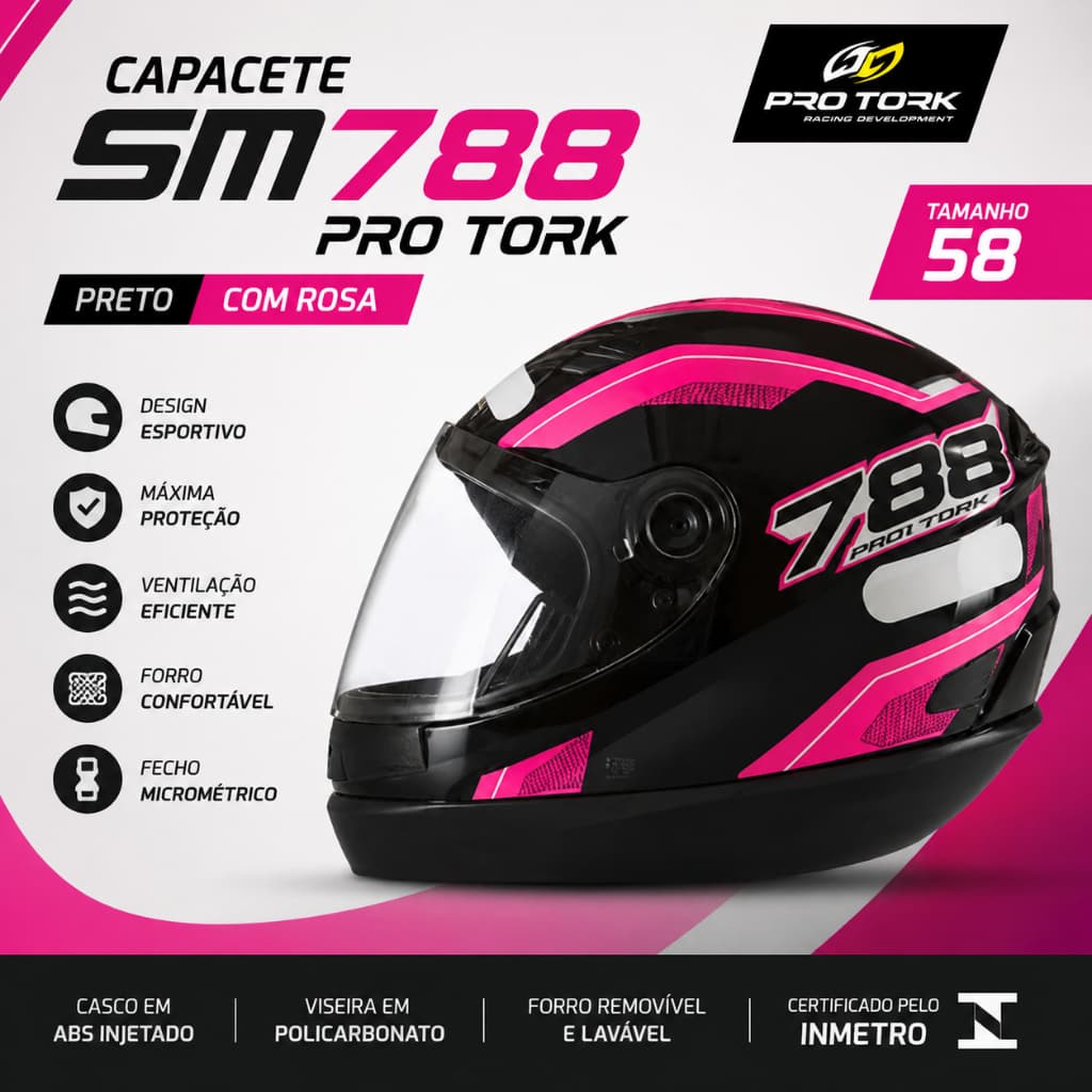 capacete sm 788 pro tork preto com rosa tamanho 58