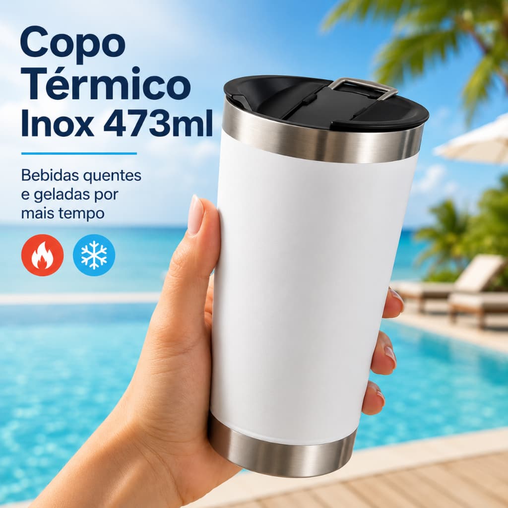 Copo Térmico Inox 473ml com Tampa e Abridor de Garrafa Parede Dupla Mantém Bebida Gelada e Quente