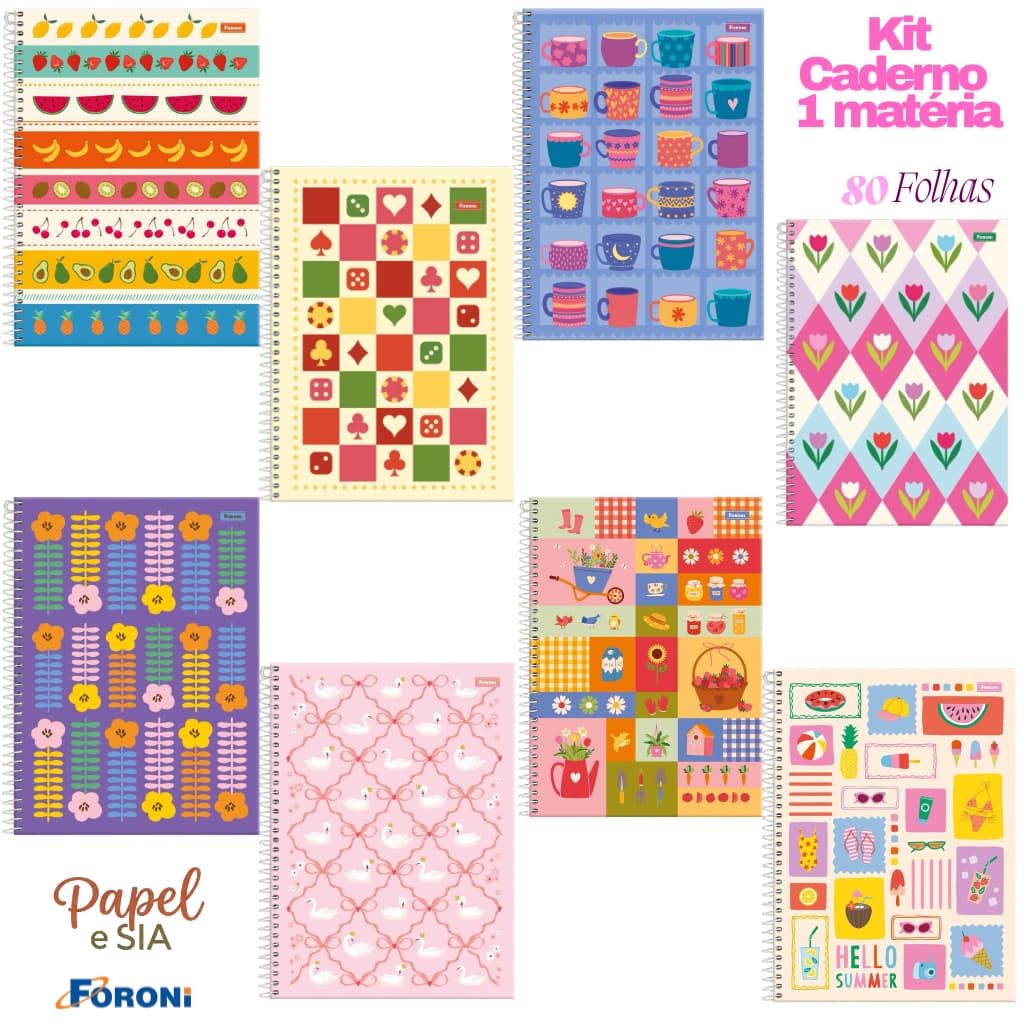 Kit 12 Caderno Foroni Espiral Capa Dura Universitário 1 Matéria 80 Folhas Feminino Grande