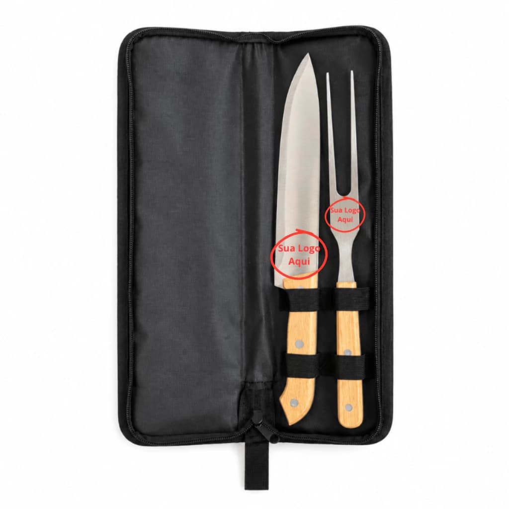 Kit 2 Churrasco Personalizado Estojo 2 Peças Cozinha Faca Garfo Nome Time Logo Empresa
