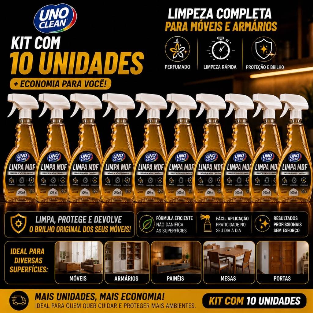 Kit 10 Spray Limpa MDF 500ML Perfumado Lustra Moveis Planejado Armário Sala Cozinha Racks Guarda Roupa MDP