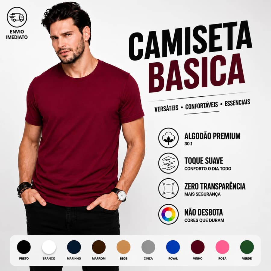 Kit 2 Camisa Masculina Básica Lisa Algodão Premium Slim Manga Curta Cor Variada Tribo