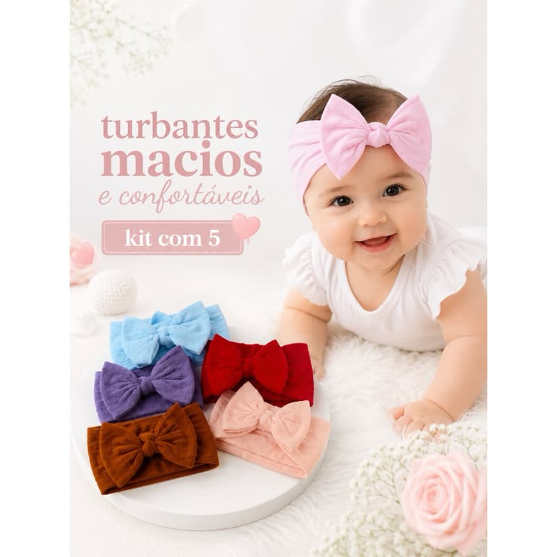 Kit com 5 Turbantes para Bebê | Faixinhas de Cabelo Infantil | Laços Delicados Confortáveis RN