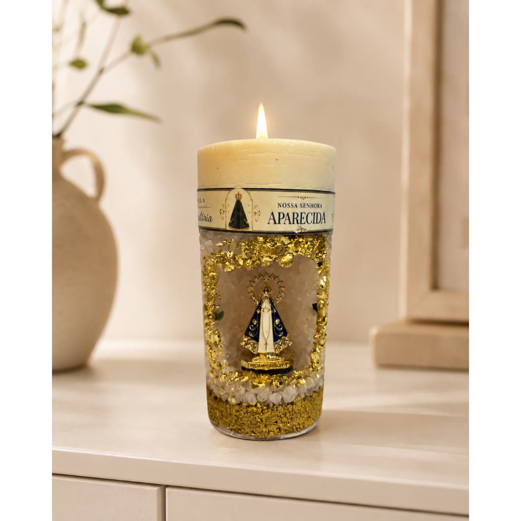 Vela Oratória de pedras naturais - Cera vegetal - Nossa Senhora Aparecida e São Jorge