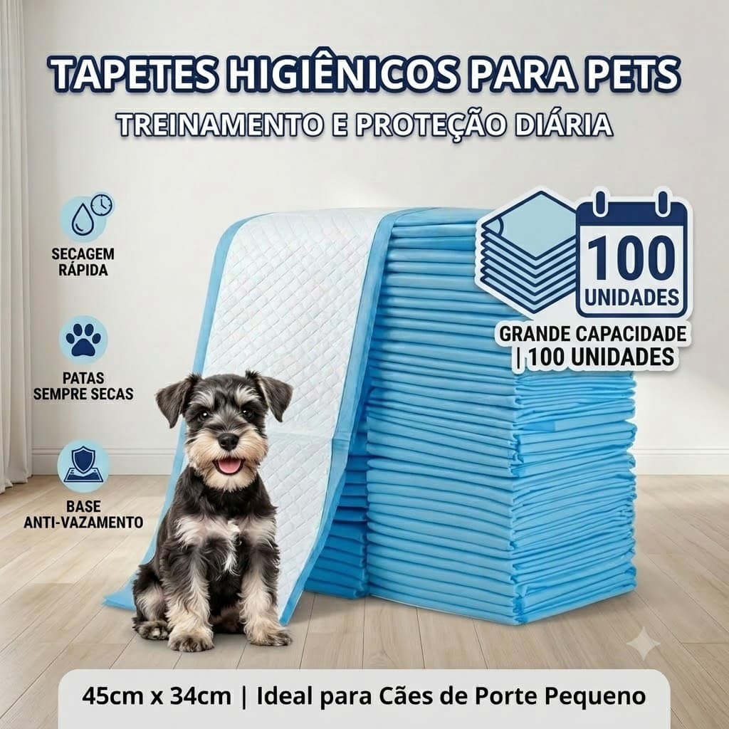 Tapete Higiênico Descartável Pet 45x34 cm 100 Unidades - Fralda Cão e Gato Viagem Caixa de Transporte Carro
