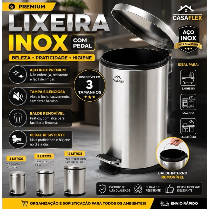 Lixeira Inox com Pedal 12 Litros Aço Inoxidável Balde Removível Banheiro Cozinha Lavabo Escritório 12L 5L 3L CasaFlex