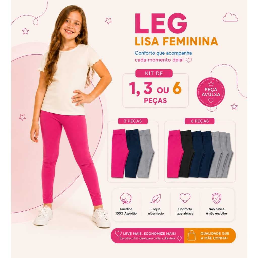 Kit 1,3 ou 6 Calças Leggings Lisa Menina Infantil Longa