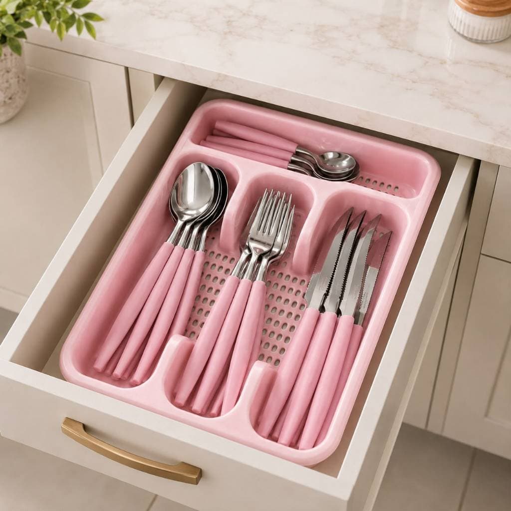 Conjunto Talheres Aço Inoxidável Completo Com Porta Talheres Rosa