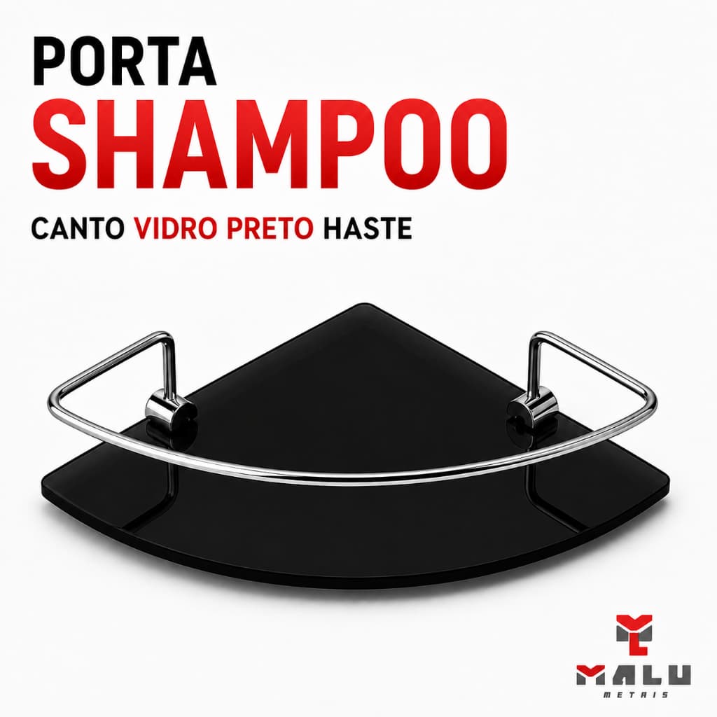 Porta Shampoo Para Banheiro Suporte De Vidro 6mm Fumê Canto Preto Com Cromado Anti Ferrugem