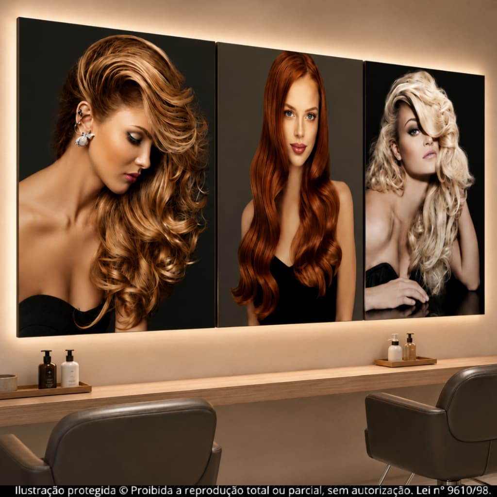 Kit Quadros Decorativos 3 Peças Cabelos Femininos Luxo para Salão Beleza Cabeleireiro Hair Stylist