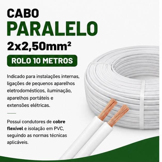 Cabo Paralelo 2x2,50mm Rolo 10 Metros Branco Fio de Cobre Flexível