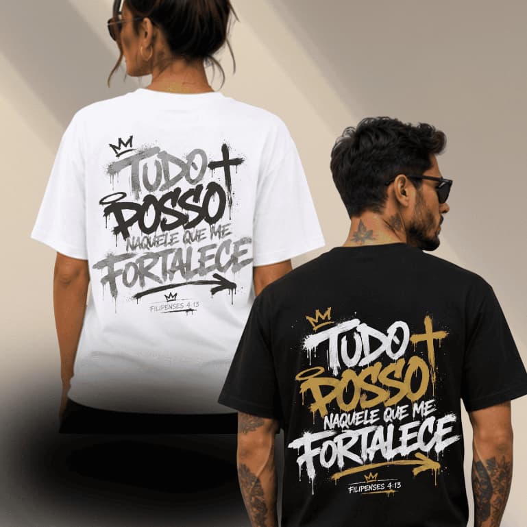 Camiseta Cristã Oversized Tudo Posso Naquele Que Me Fortalece Fio 3.1 Premium Estampa Costas Gospel Unissex