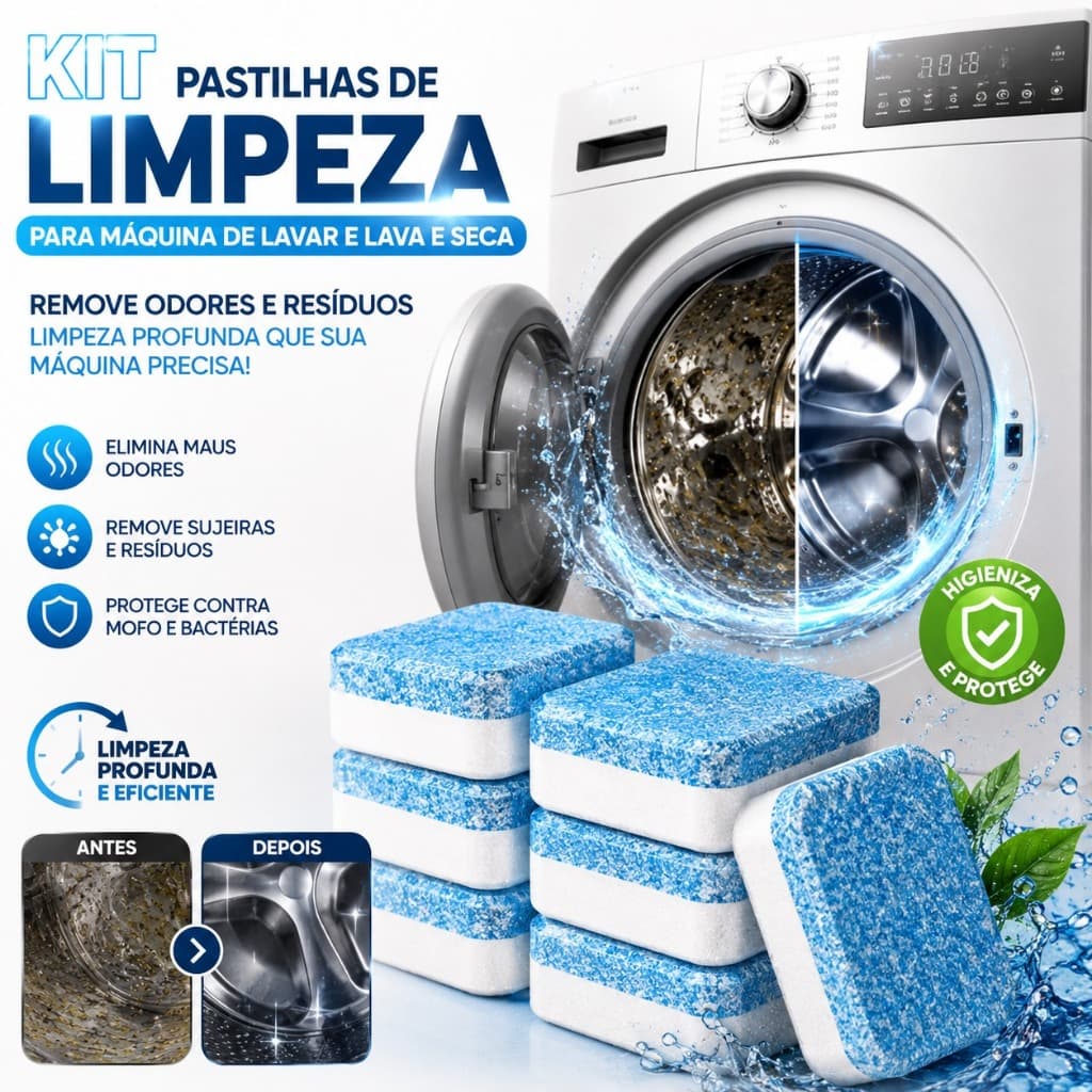 Pastilhas Limpeza Máquina de Lavar Efervescente Removedor de Sujeira e Odor Kit 12 24 36 Unidades