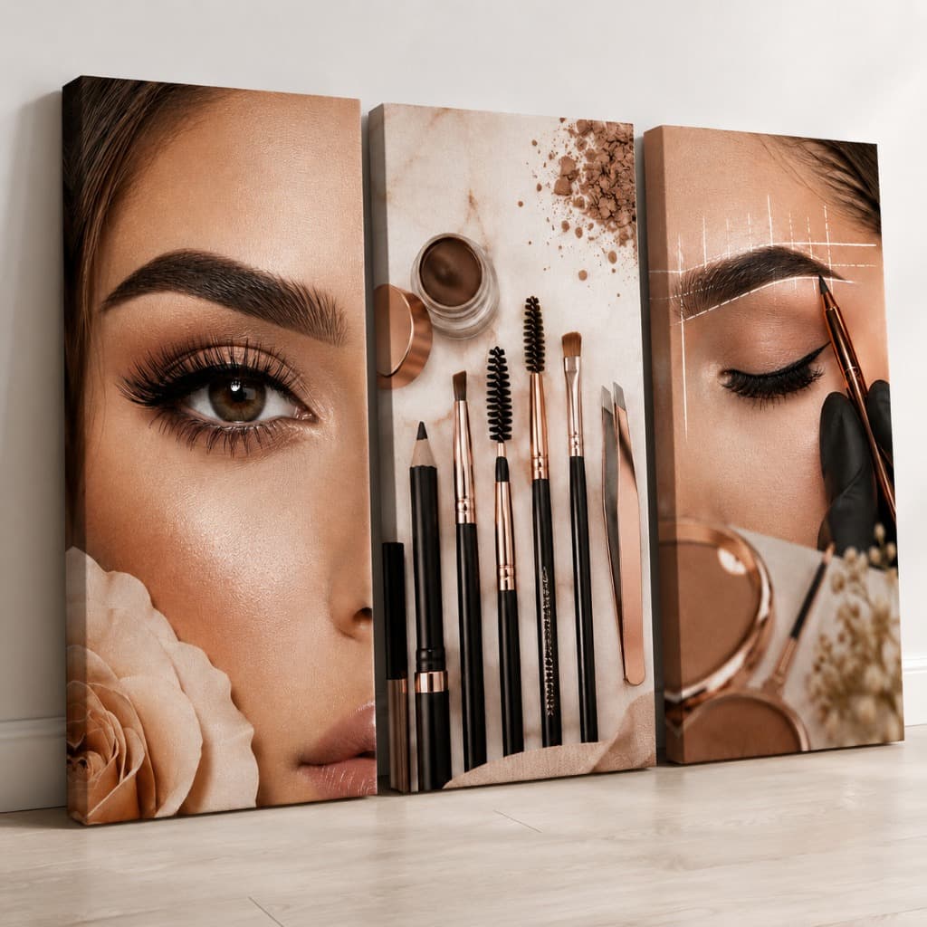 Kit 3 Quadros Decorativos Maquiagem Sobrancelha Salão Estúdio de Beleza Feminino MDF 3mm