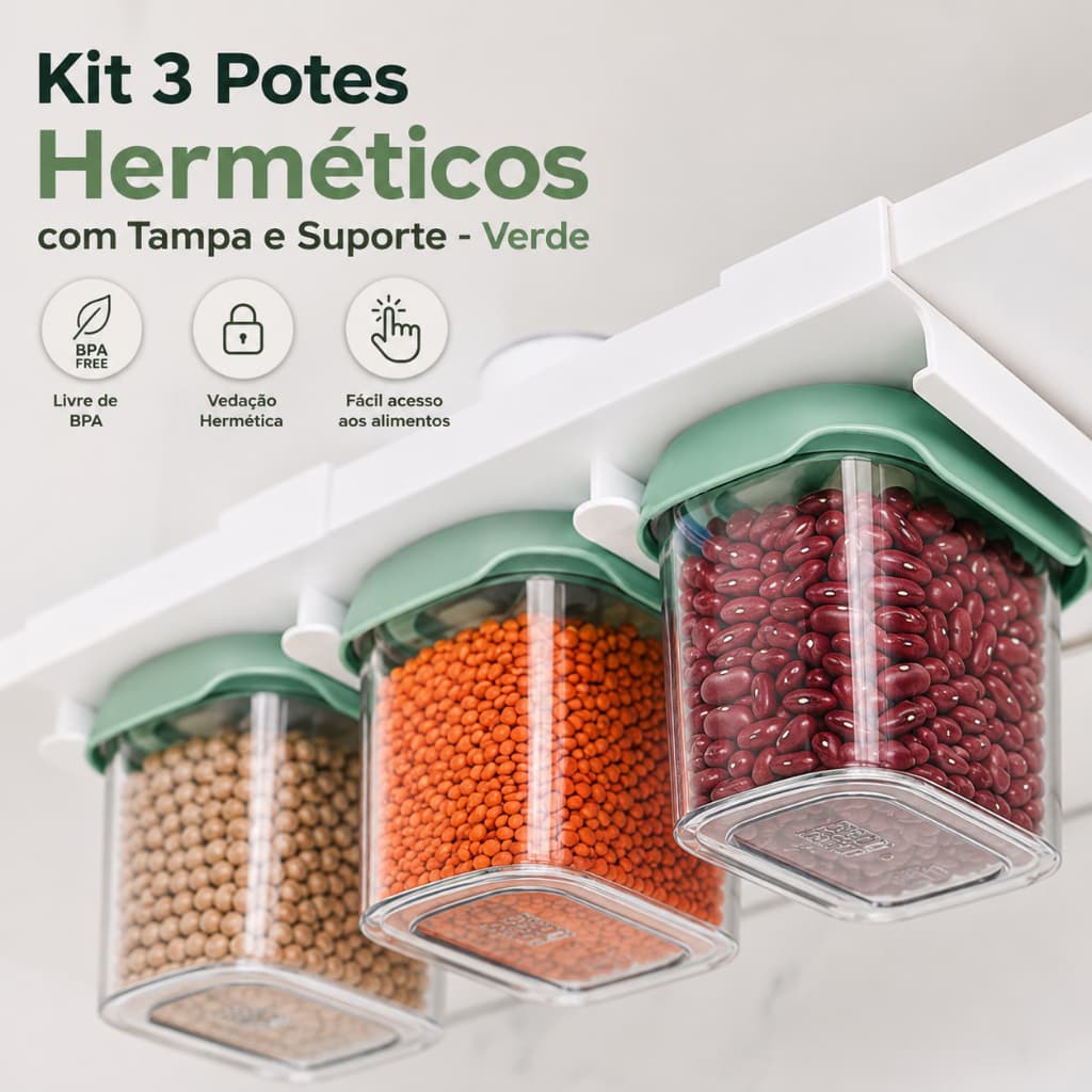 Kit 3 Potes Herméticos 900ml Com Suporte Organizador Suspenso Para Armário Cozinha Mantimentos Transparente