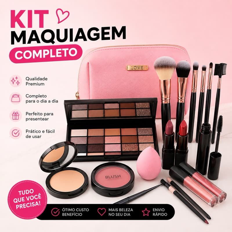 Kit Maquiagem Completo Profissional com Necessaire, Paleta, Pincéis, Batons e Esponja | Presente Feminino