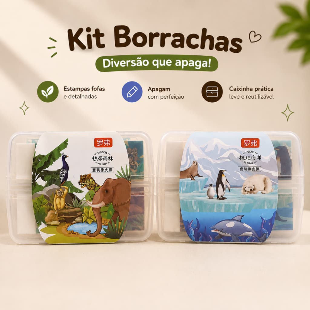 Kit 4 Borrachas Animais Kawaii | Borrachas Escolares Temáticas