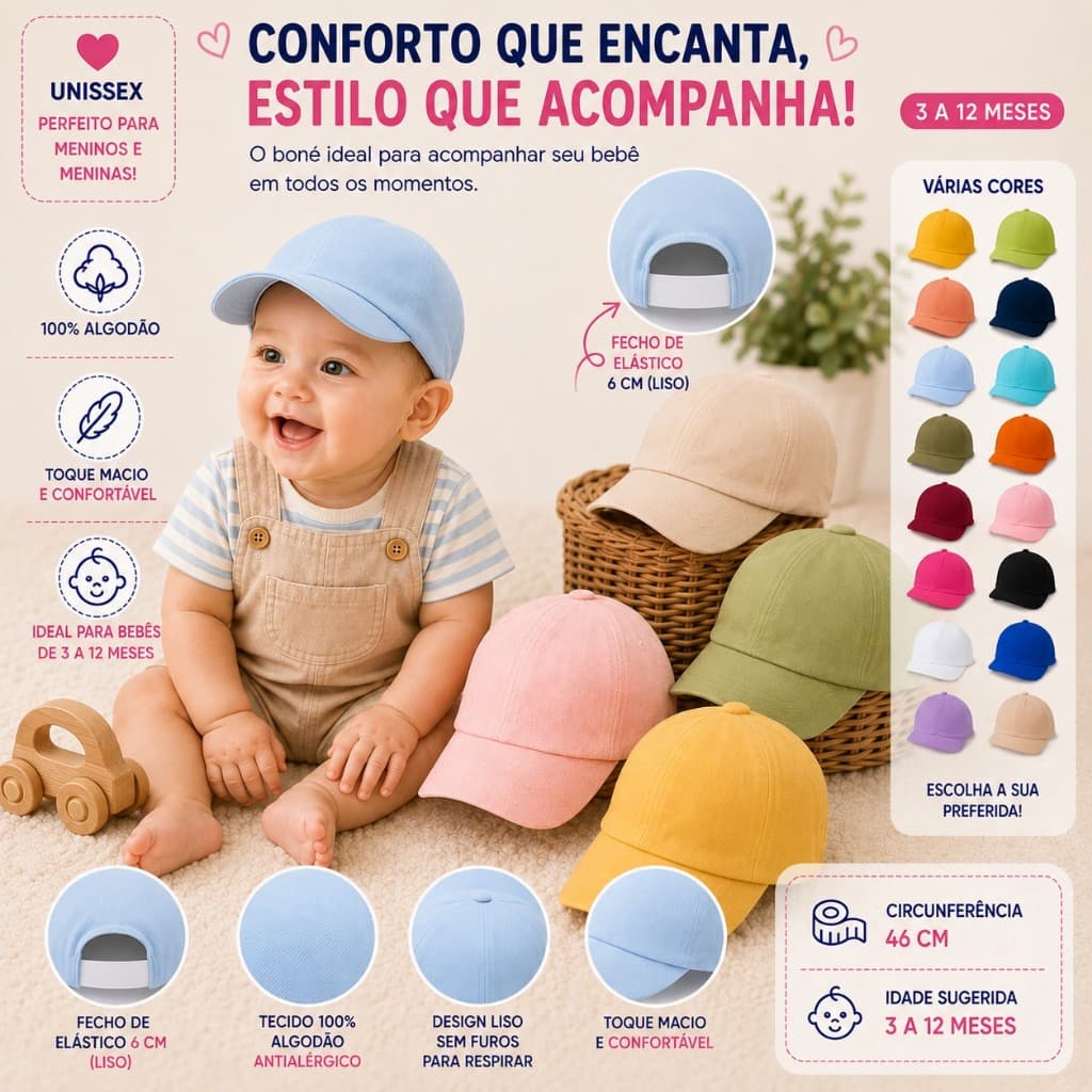 Boné Bebê Recém Nascido 0 a 12 Meses com Elástico 100% Algodão Antialérgico Unissex Menino Menina
