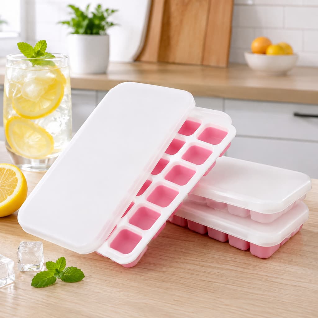 Formas de Gelo Silicone Com Tampa Rígida Fundo Flexível 14 Cubos Multiuso Lavável Kit 2
