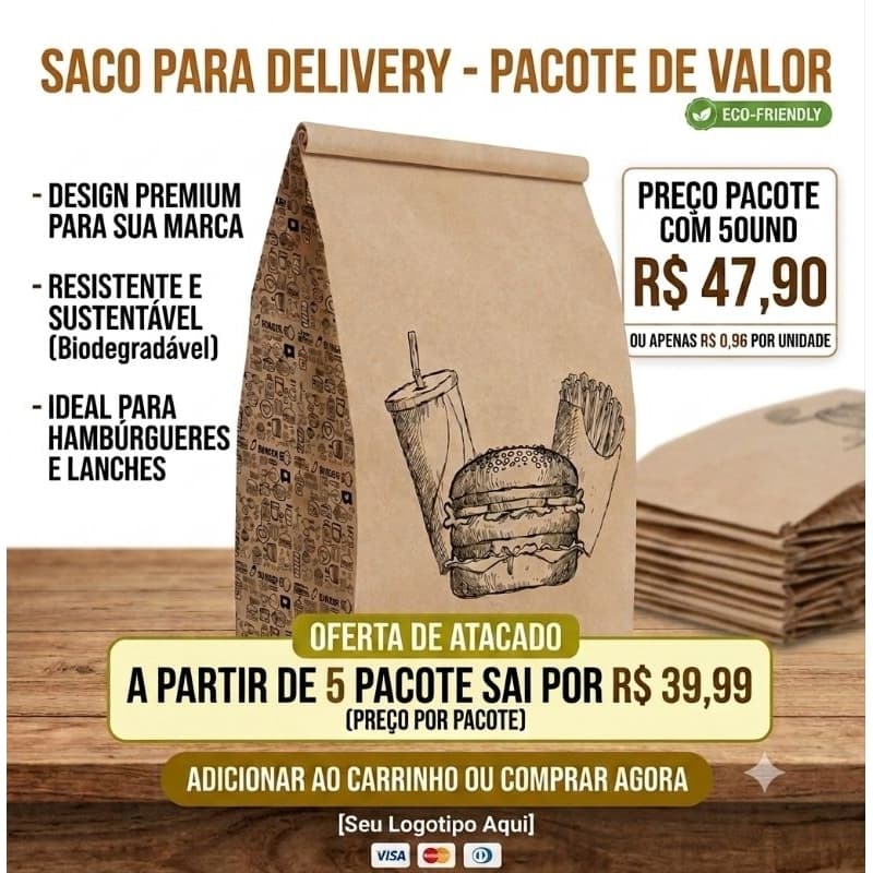 Sacos Kratf Para Lanches Tamanho 19-CM X 12-CM X 26-CM Embalagem Saco Kraft Para Deliverys Burgers Sagados.