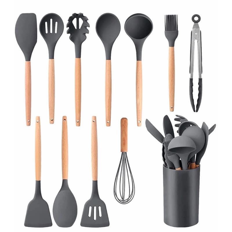 Kit Utensílios de Cozinha Silicone 12 Peças Cabo de Madeira com Suporte Organizador Preto
