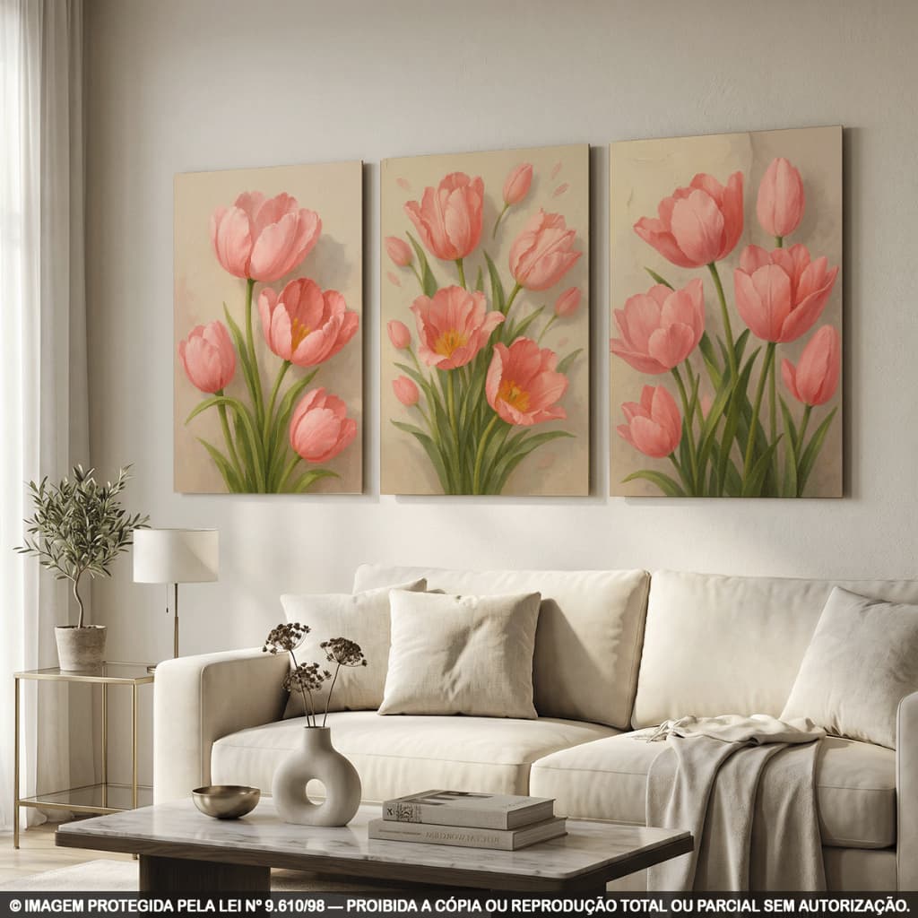 Quadro Decorativo Tulipas Coloridas em 3 Peças MDF | Painel Floral Sala Quarto Parede Moderna