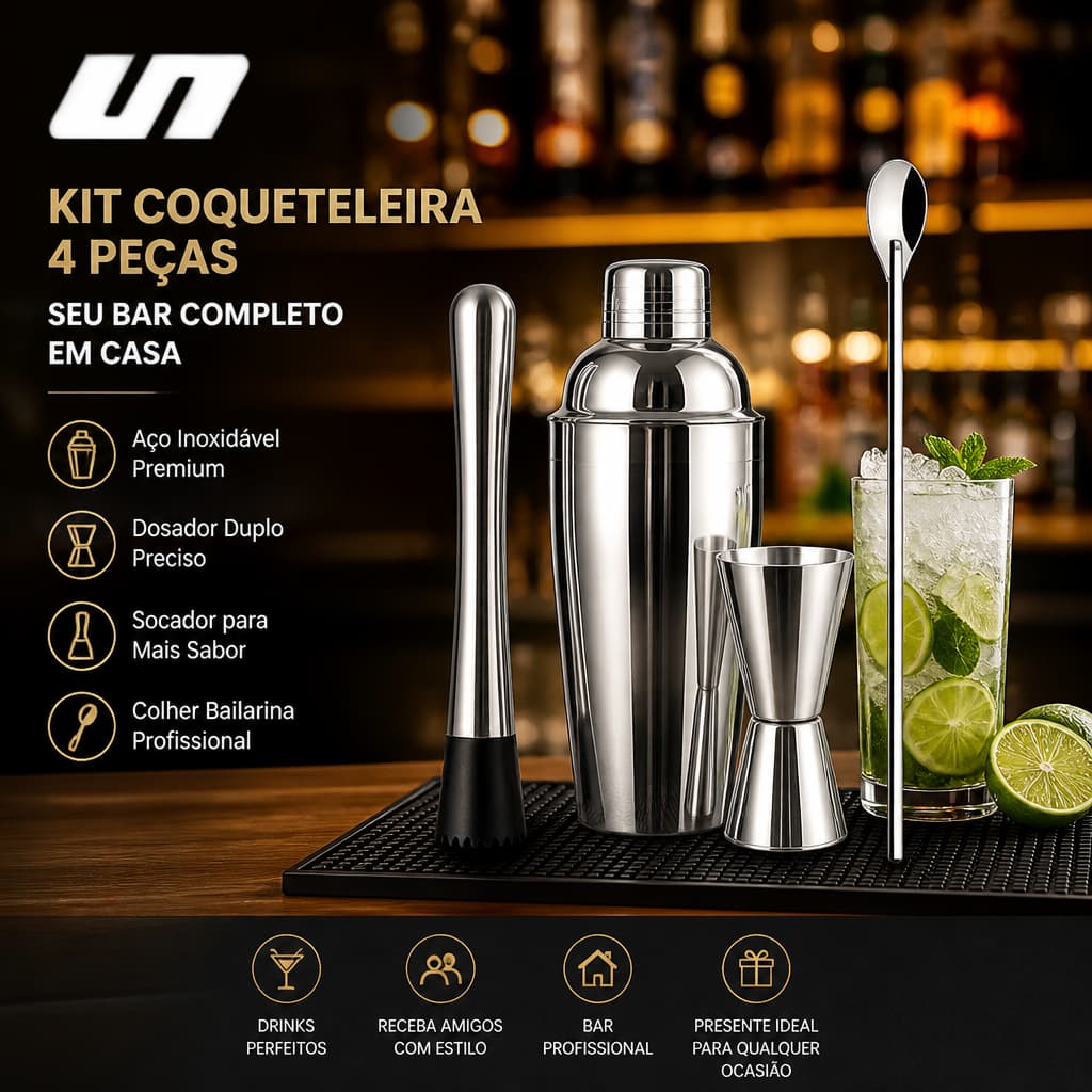 Kit Coqueteleira Inox 500ml 4 Peças Profissional Caipirinha Muddler